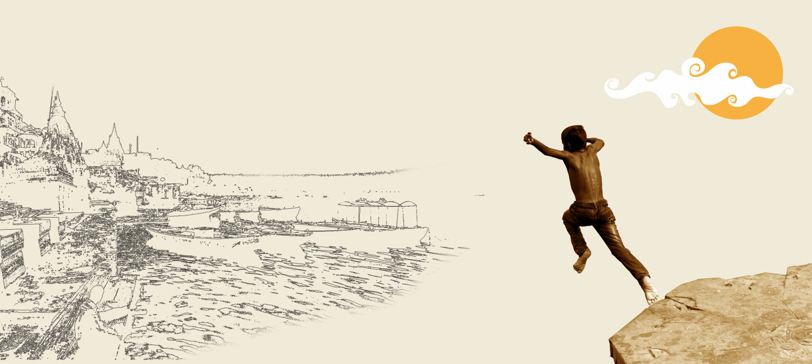 Sketch of the Banaras ghats with a boy jumping into the river, sun and cloud motif